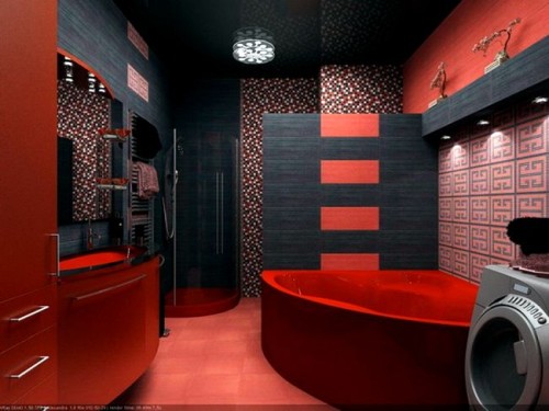 moderno-contemporaneo-bagno-con-dark-rossa-angolo-vasca-vasca-vanità-lavandino-lavello-combinato-con-mosaico-piastrelle a mosaico